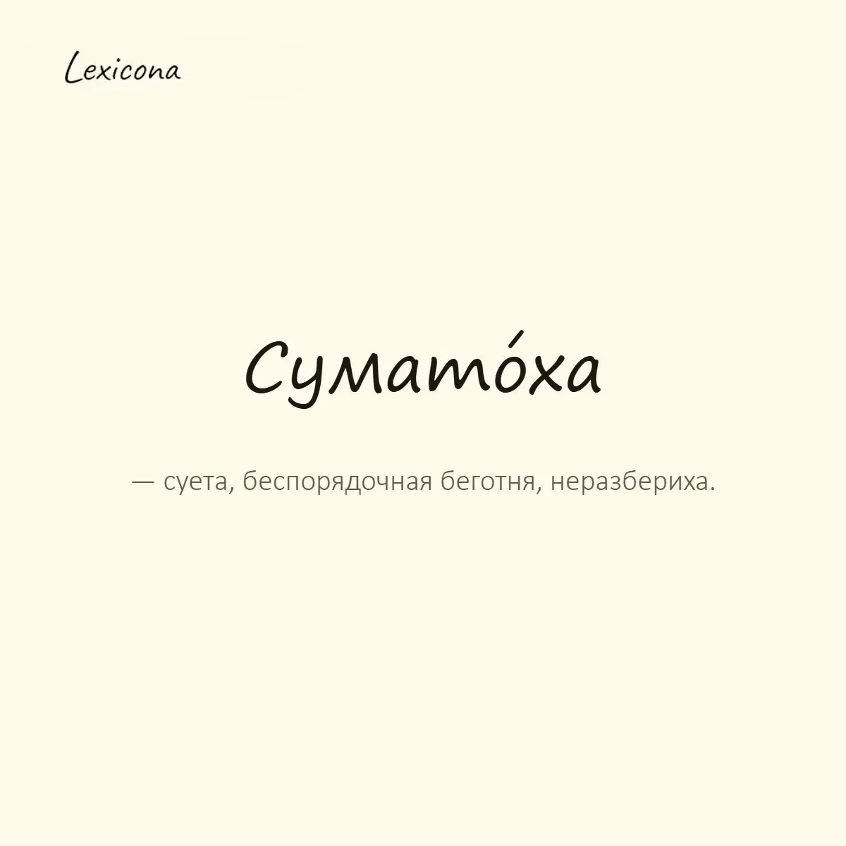 Суматоха — суета, беспорядочная беготня, неразбериха.
Пример употребления:
Утром была такая суматоха, что я чуть не вышел из дома в тапочках. | Сетка — социальная сеть от hh.ru