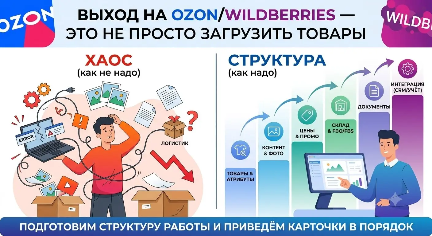 Выход на Ozon/Wildberries — это не просто загрузить товары
Частая ошибка: бизнес думает, что достаточно зарегистрировать кабинет, добавить карточки и ждать продаж | Сетка — социальная сеть от hh.ru