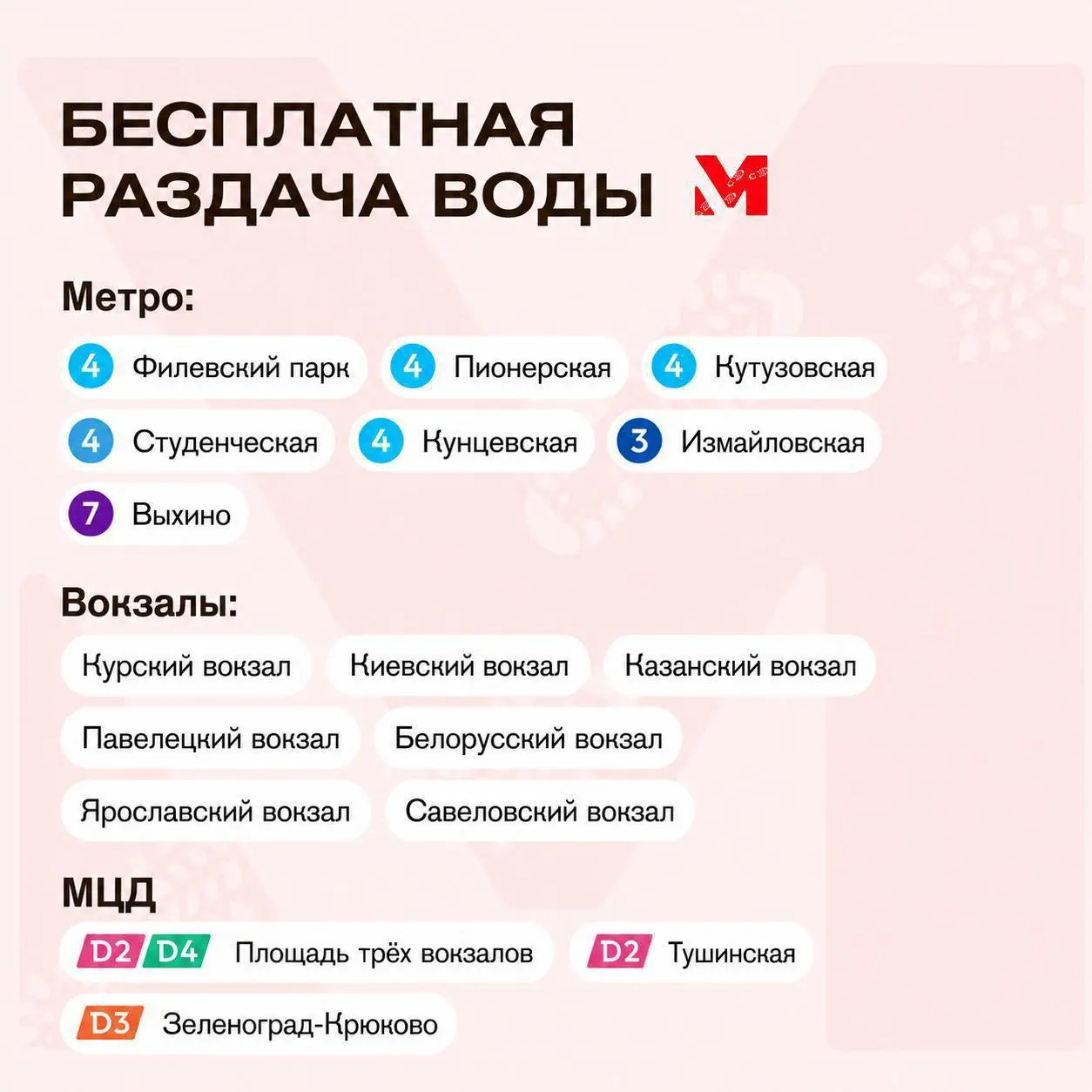💧В метро всю неделю бесплатно раздают воду из-за жары
С 14:00 до 17:00 бутылки можно получить на московских вокзалах и станциях МЦД | Сетка — социальная сеть от hh.ru