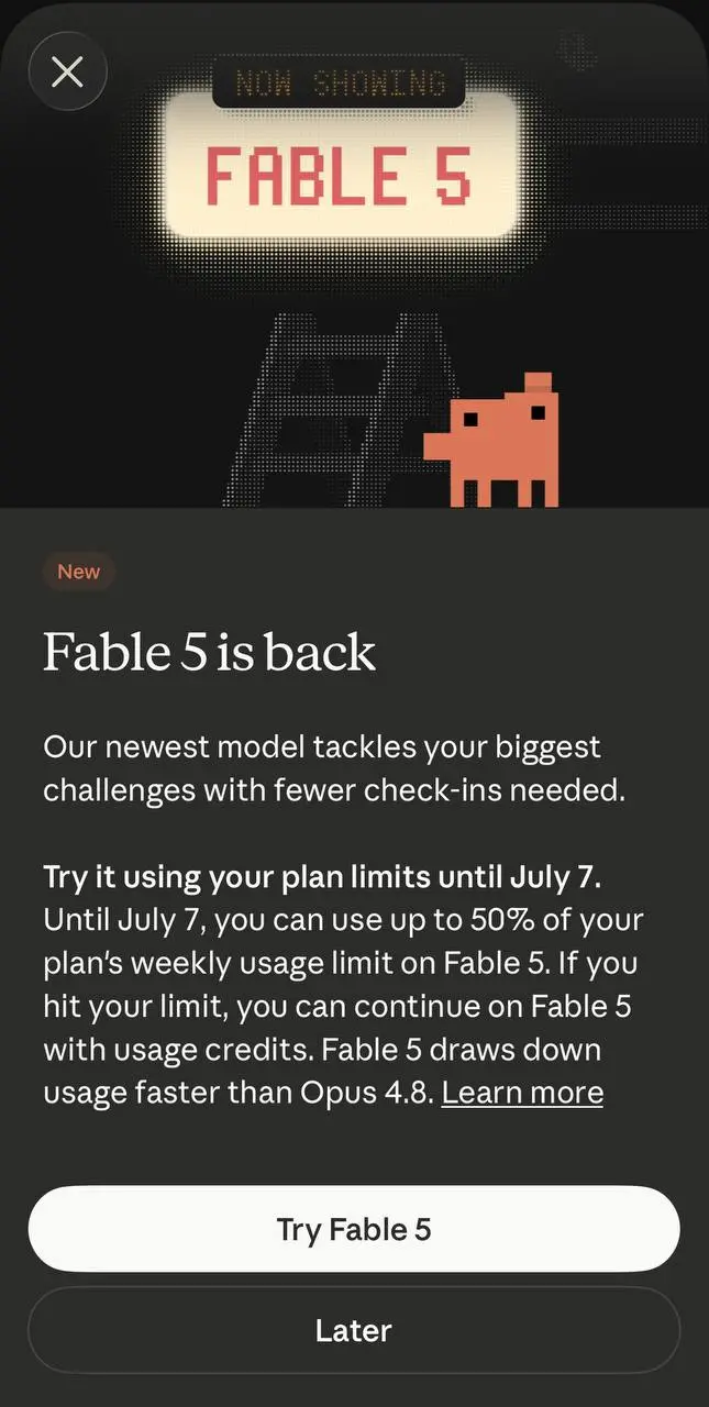 В Claude снова доступна Fable 5 — и до 7 июля она включена в подписку бесплатно.
Расскажу что вообще произошло, потому что история максимально странная для мира ИИ.
Модель вышла 9 июня | Сетка — социальная сеть от hh.ru