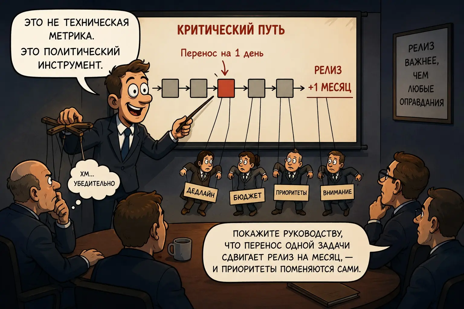 Критический путь — это не техническая метрика. Это политический инструмент. Покажите руководству, что перенос одной задачи сдвигает релиз на месяц, и приоритеты поменяются сами | Сетка — социальная сеть от hh.ru