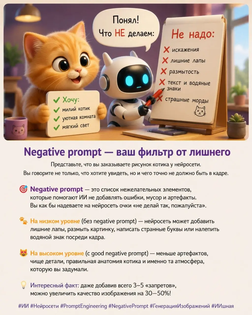 Negative prompt — список «не приносить» для ИИ
Представьте, что вы просите робота нарисовать милого котика и заодно уточняете: без лишних лап, размытого фона и странных надписей | Сетка — социальная сеть от hh.ru