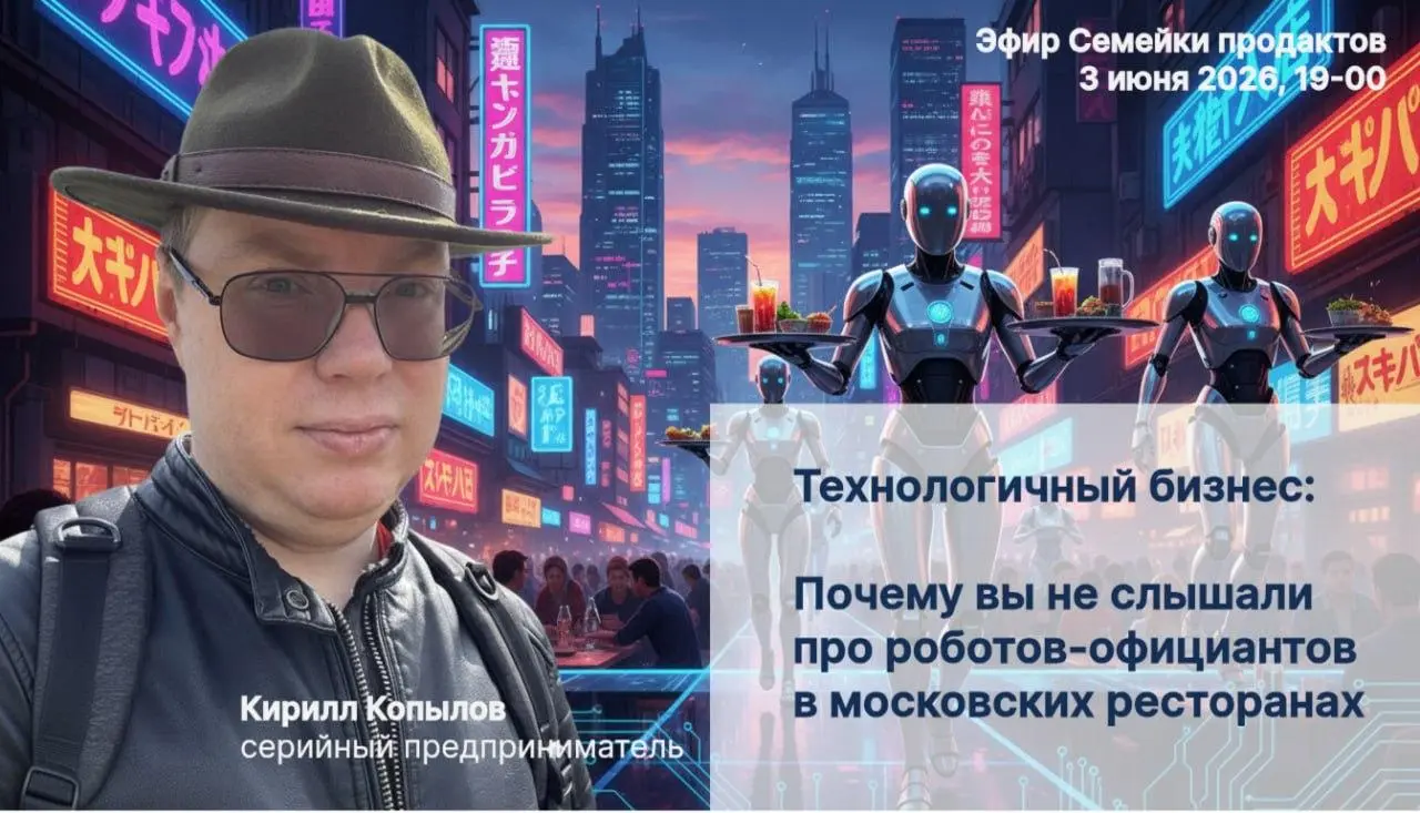 Технологичный бизнес, или "Почему вы не слышали про роботов-официантов в московских ресторанах" — эфир от «Семейки продактов»
🦄 Кирилл Копылов — предприниматель, запускал стартапы с роботами-официанта... | Сетка — социальная сеть от hh.ru