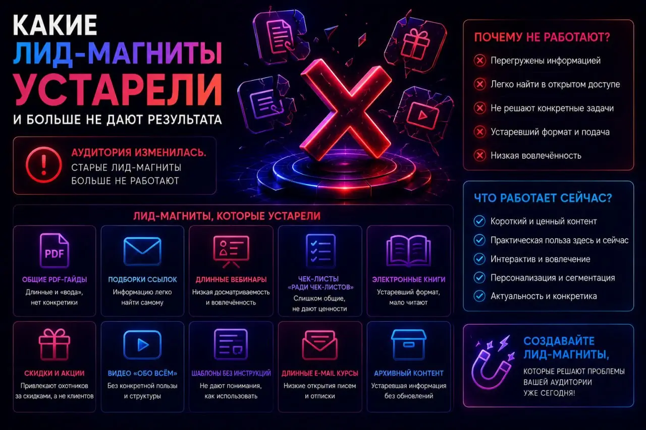 Какие лид-магниты устарели и больше не дают результата
Раньше популярны были универсальные PDF, готовые шаблоны, простые скидочные формы | Сетка — социальная сеть от hh.ru