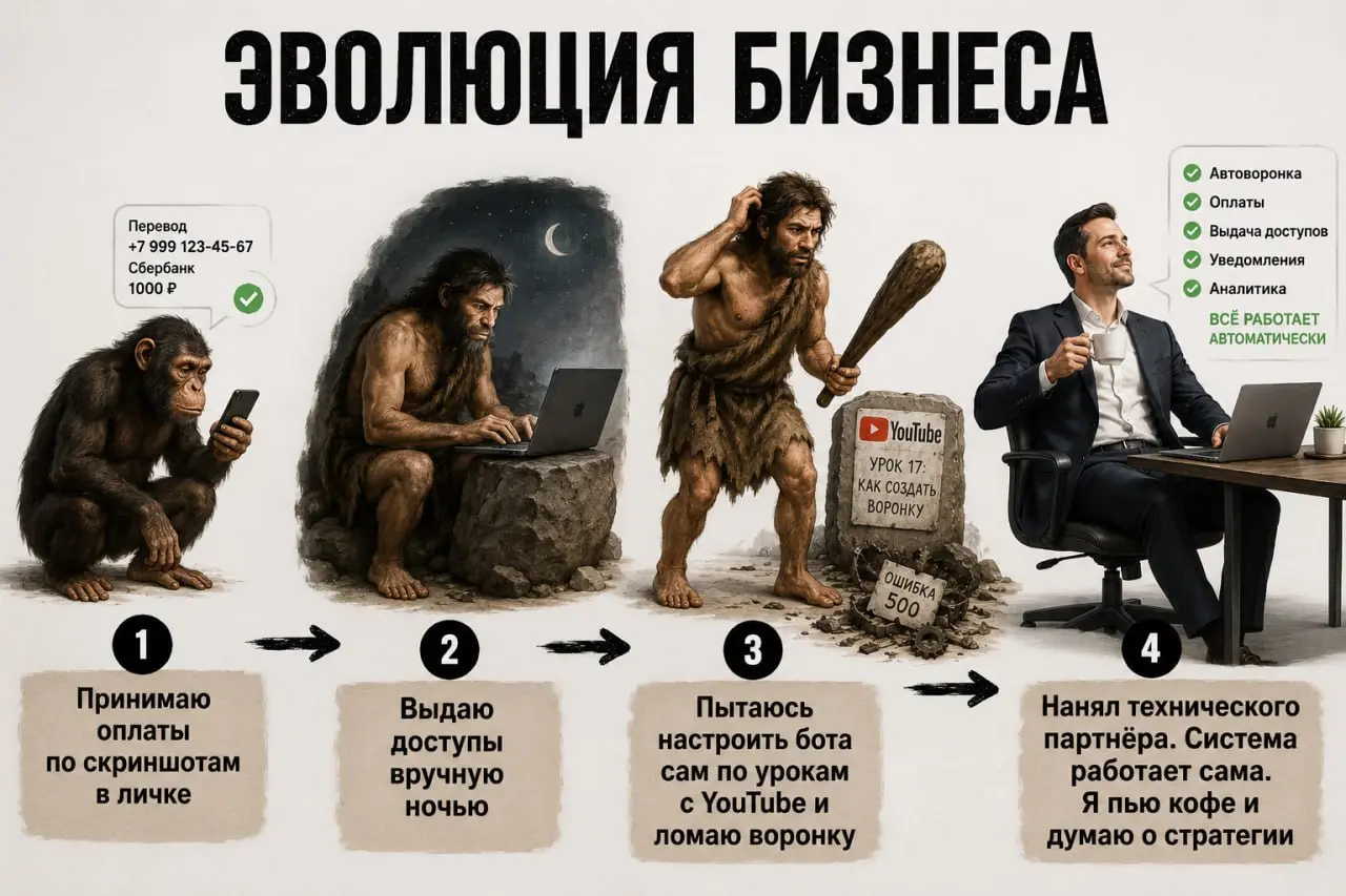 На какой стадии эволюции застрял ваш бизнес? 🦕
Если всё еще бегаете с дубиной ручной работы - пора переходить на следующий уровень.
Лето - лучшее время навести порядок | Сетка — социальная сеть от hh.ru
