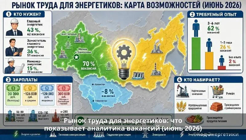 Рынок труда для энергетиков: что показывает аналитика вакансий (июнь 2026)
Недавно изучил данные по вакансиям для главных энергетиков и смежных специальностей — и хочу поделиться ключевыми выводами | Сетка — социальная сеть от hh.ru