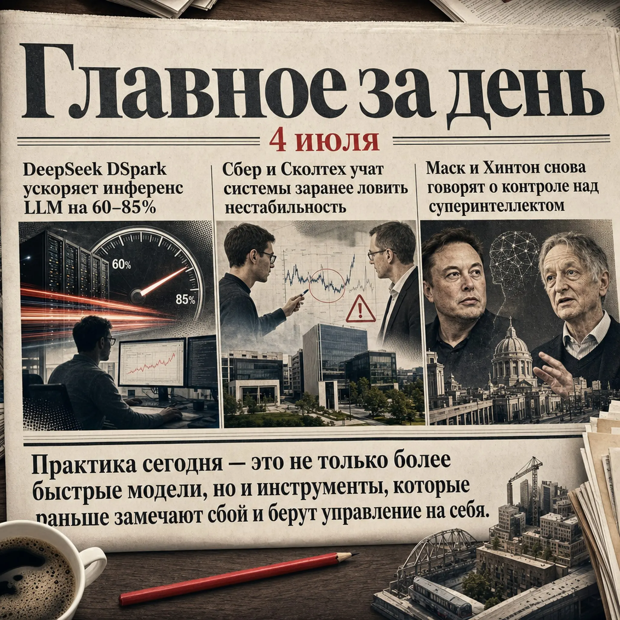 Главное за день: AI-дайджест за 4 июля
В дайджесте: Илон Маск: развитие ИИ опережает биологическую эволюцию человеческого интеллекта; DeepSeek представила DSpark — фреймворк спекулятивного декодирован... | Сетка — социальная сеть от hh.ru