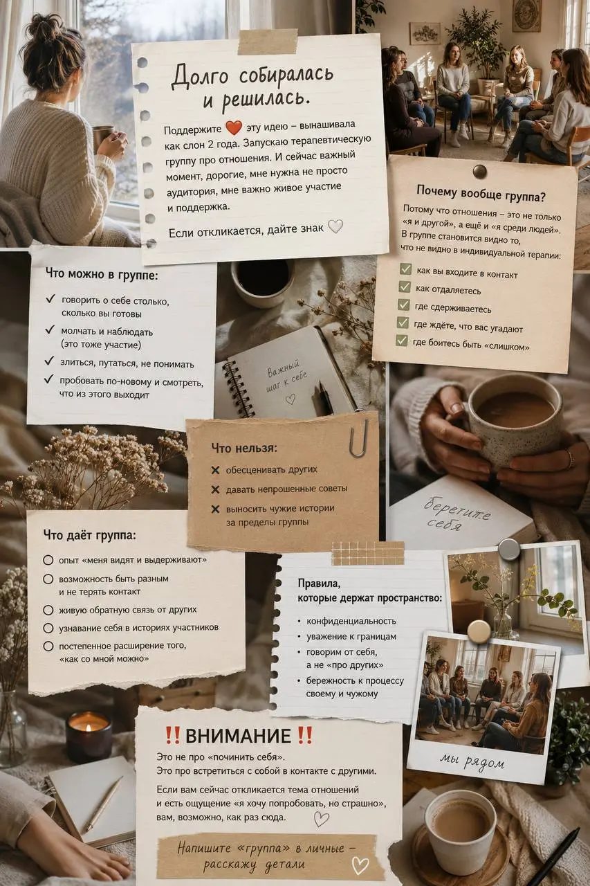 Долго собиралась и решилась.
Поддержите ❤️ эту идею вынашивала как слон 2 года.
Запускаю терапевтическую группу про отношения | Сетка — социальная сеть от hh.ru