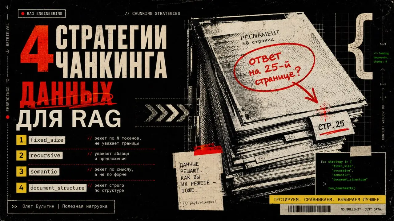 4 стратегии чанкинга для RAG 🔪
Представьте: вы загрузили 50-страничный регламент в векторную базу. Пользователь задает конкретный вопрос, ответ на который есть ровно на 25-й странице | Сетка — социальная сеть от hh.ru