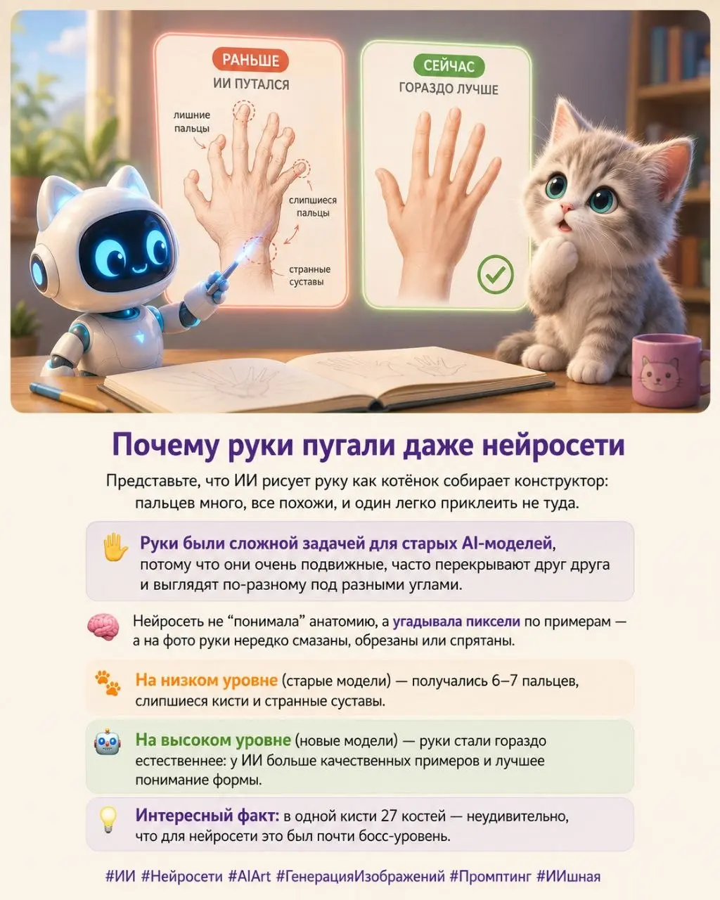 Почему руки на AI-картинках раньше были кошмаром?
Представьте, что ИИ собирает человеческую руку как котёнок конструктор: пальцев много, они похожи друг на друга, постоянно сгибаются и легко оказывают... | Сетка — социальная сеть от hh.ru