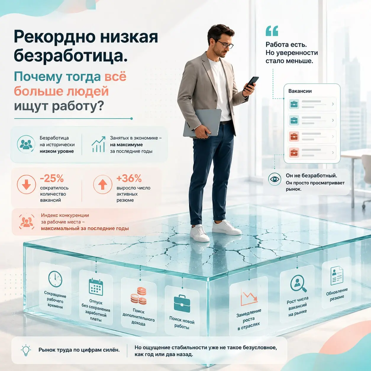 🔍 Рекордно низкая безработица. Почему тогда всё больше людей ищут работу?
Если открыть официальную статистику, ситуация на рынке труда выглядит довольно оптимистично | Сетка — социальная сеть от hh.ru