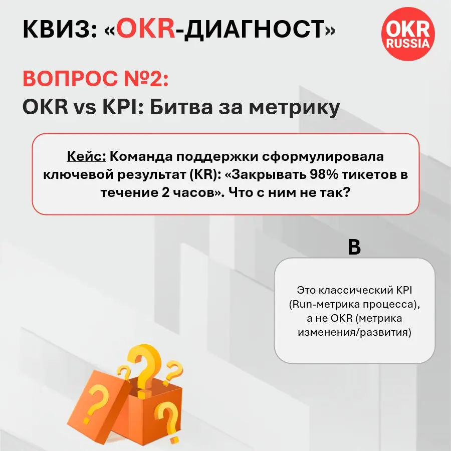 🔑 Итоги кейса № 2: OKR vs KPI 🥊
Правильный ответ: В — Это классический KPI (Run-метрика процесса), а не OKR (изменения) | Сетка — социальная сеть от hh.ru