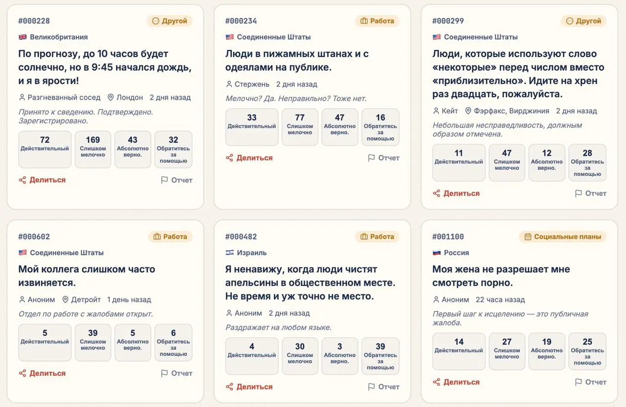 📈Самые мелочные страны мира
Одна неделя — одна новая идея для стартапа. В этот раз разрабы создали краудсорсинговый сервис по сбору жалоб со всего мира. Люди пишут жалобы, другие голосуют за них | Сетка — социальная сеть от hh.ru