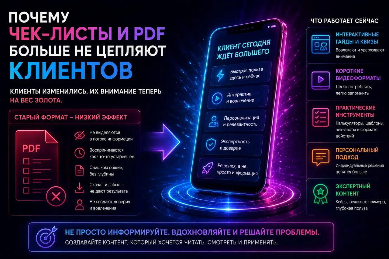Почему чек-листы и PDF больше не цепляют клиентов
Раньше казалось, что достаточно сделать красивый PDF с советами или чек-листом — и клиенты потянутся сами | Сетка — социальная сеть от hh.ru
