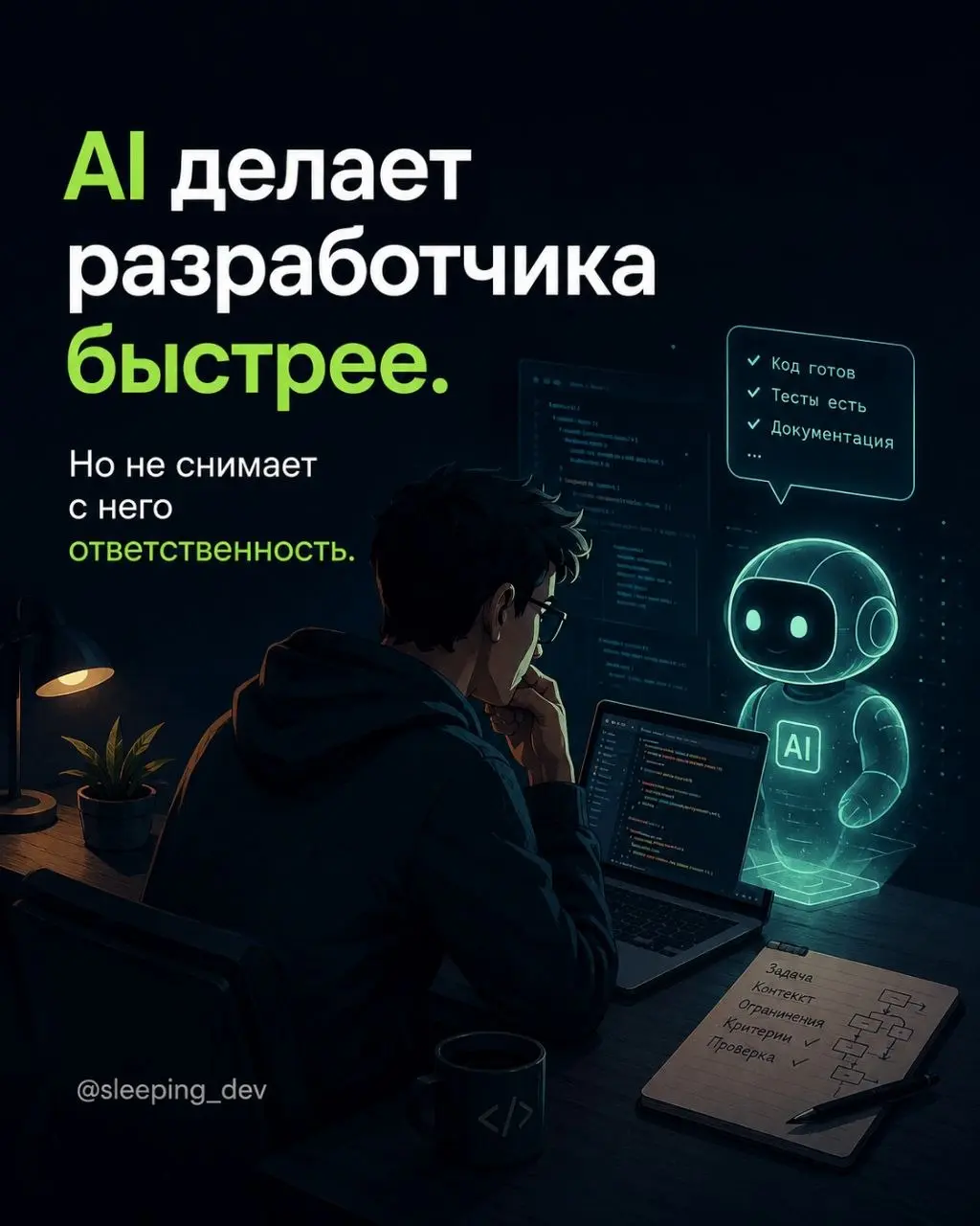 AI делает разработчика быстрее.
Но вместе со скоростью он добавляет новую ответственность: управлять тем, что ты просишь у модели, и отвечать за то, что потом попадёт в продукт | Сетка — социальная сеть от hh.ru