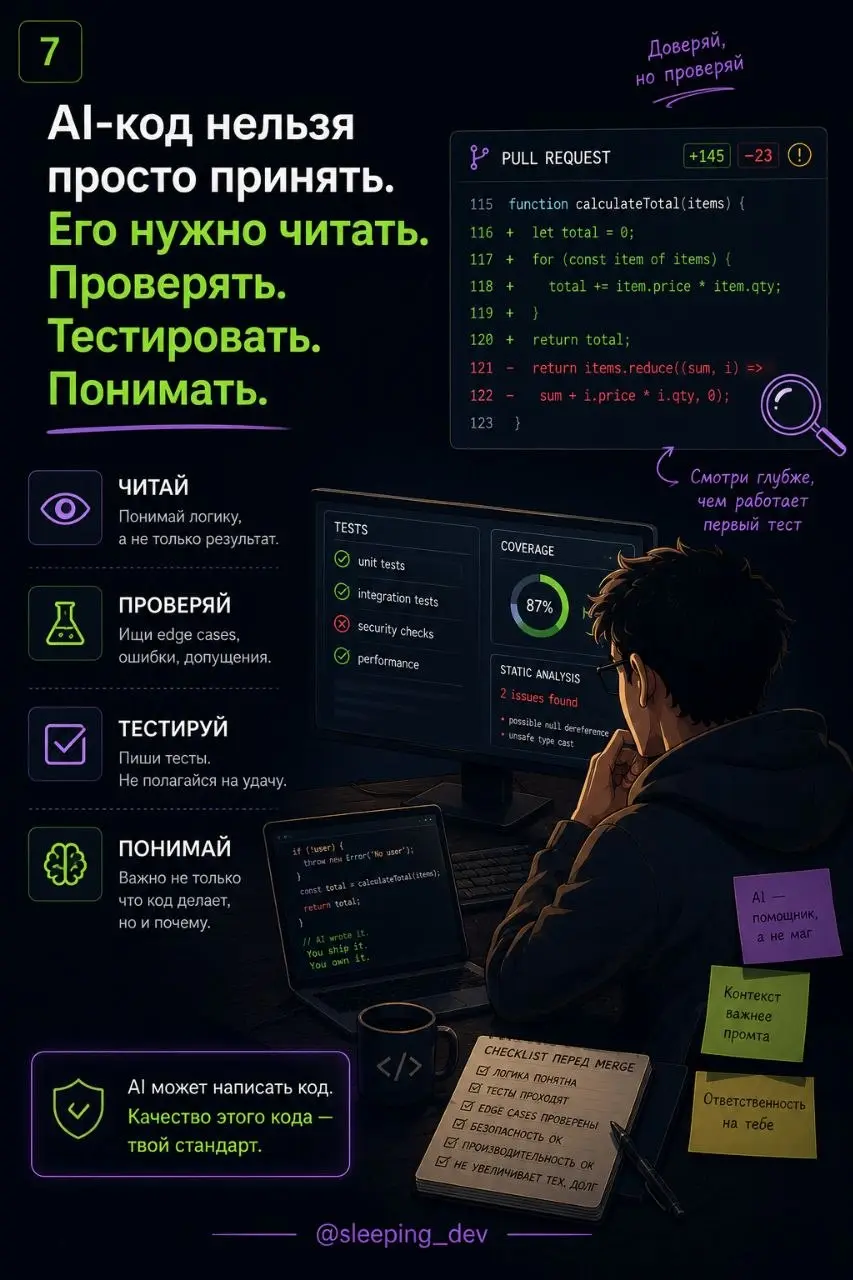 AI делает разработчика быстрее.
Но вместе со скоростью он добавляет новую ответственность: управлять тем, что ты просишь у модели, и отвечать за то, что потом попадёт в продукт | Сетка — социальная сеть от hh.ru