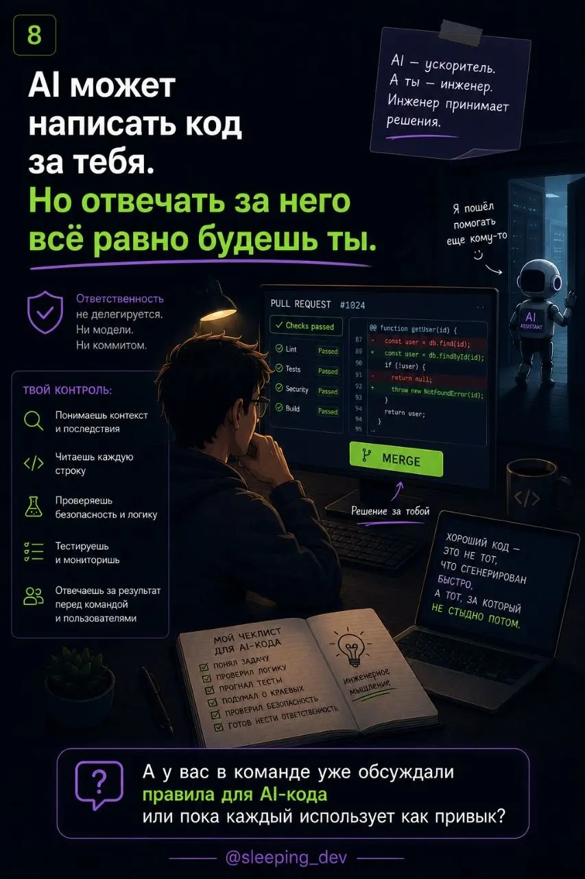 AI делает разработчика быстрее.
Но вместе со скоростью он добавляет новую ответственность: управлять тем, что ты просишь у модели, и отвечать за то, что потом попадёт в продукт | Сетка — социальная сеть от hh.ru