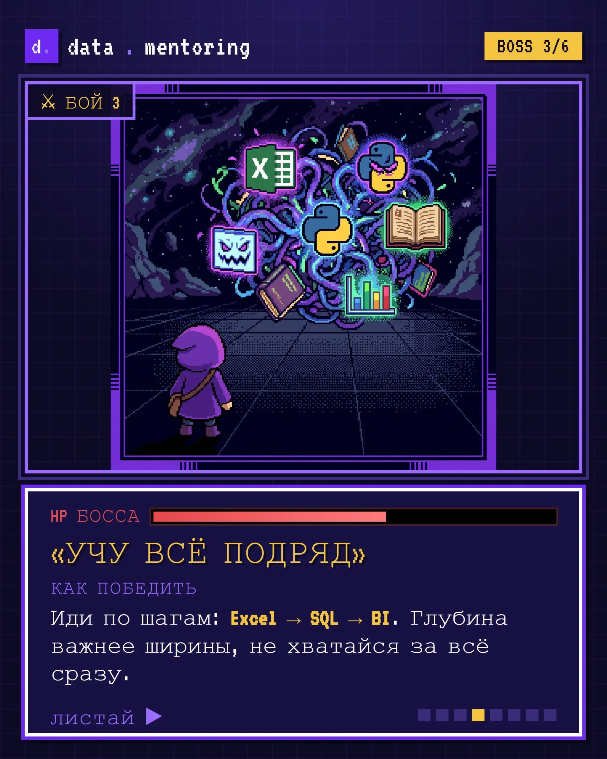 Путь в аналитику похож на игру 🎮
Ты вроде и хочешь начать: статьи читаешь, курс присмотрел, ролики смотришь. А на каждом шаге вылезает свой босс и бьёт по мотивации | Сетка — социальная сеть от hh.ru