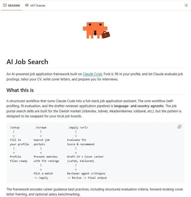 Датчанин устал от поиска работы и выпустил автоматизацию для Claude Code — AI Job Search. Она ищет подходящие вакансии, адаптирует резюме и рассылает их, как на конвейере | Сетка — социальная сеть от hh.ru