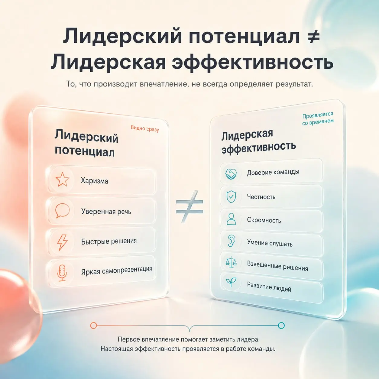 Лидерский потенциал и лидерская эффективность — это не одно и то же
Когда в компании открывается руководящая позиция, мы невольно начинаем искать человека, который выглядит как лидер | Сетка — социальная сеть от hh.ru
