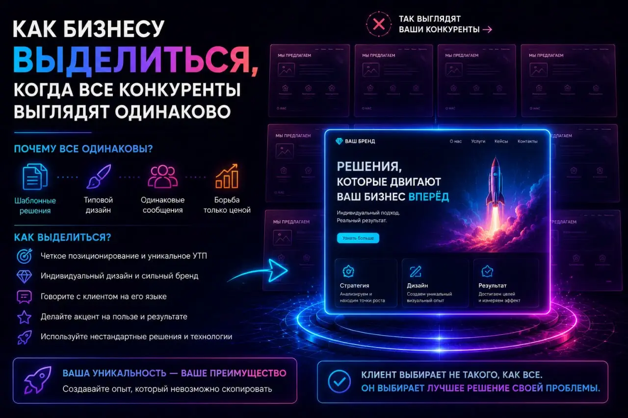 Как бизнесу выделиться, когда все конкуренты выглядят одинаково
В 2026 году конкуренция в интернете растёт, и сайты начинают выглядеть одинаково: похожий дизайн, одинаковые тексты, стандартные блоки | Сетка — социальная сеть от hh.ru