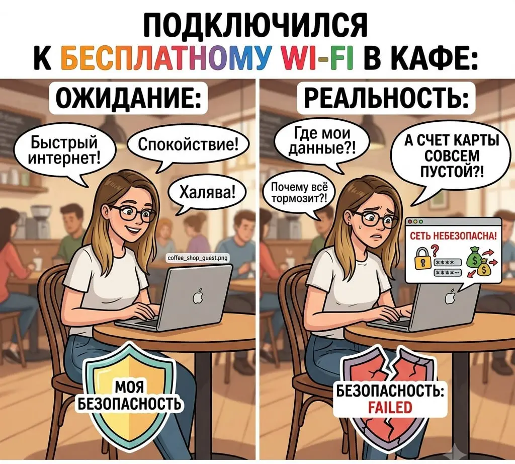 📡 «Почему нельзя подключаться к бесплатному Wi-Fi в кафе (даже с паролем)»
Вы заходите в кафе. Заказываете кофе. Достаёте ноутбук или телефон. Видите сеть «CoffeShopFreeWiFi» | Сетка — социальная сеть от hh.ru