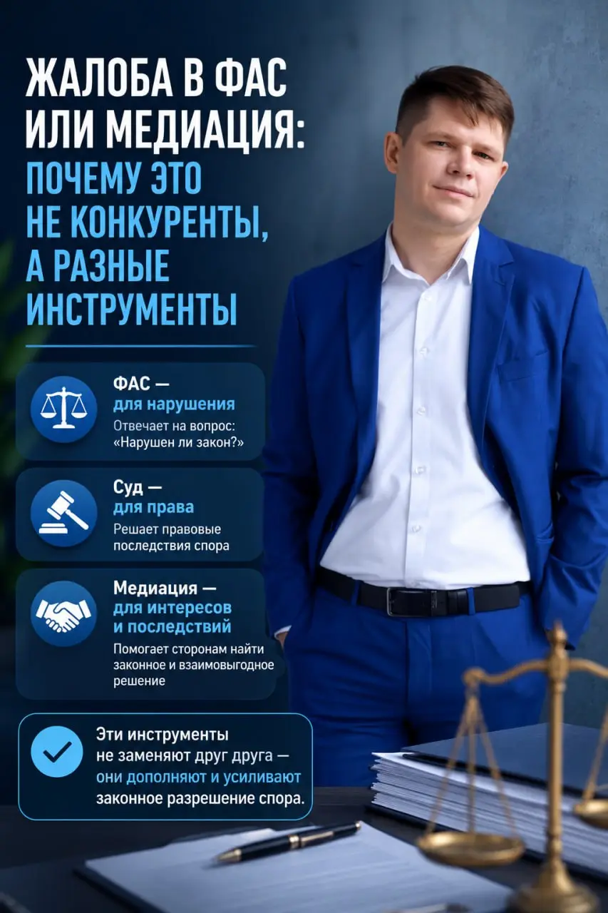 Жалоба в ФАС или медиация: почему это не конкуренты, а разные инструменты
🇷🇺 Почему участники сразу идут в ФАС
Если участник торгов видит нарушение, естественная реакция — жалоба в антимонопольный орг... | Сетка — социальная сеть от hh.ru