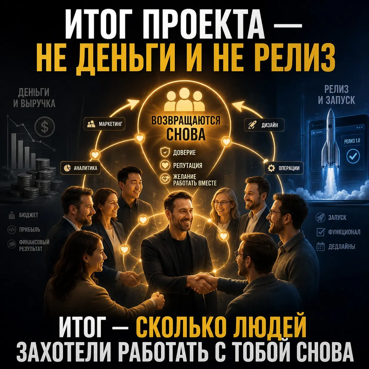 Итог проекта - не деньги и не релиз. Итог - сколько людей захотели работать с тобой снова.
В поиске работы каждый день публикую по одной мысли про управление проектами | Сетка — социальная сеть от hh.ru