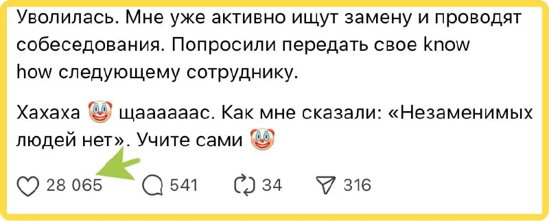 Людям нравится истории типа - вы уходите, в компании начинается жопа, все жалеют, что вы ушли, переживают и просят вернуться. Сказка про Золошку. В жизни по другому.. | Сетка — социальная сеть от hh.ru