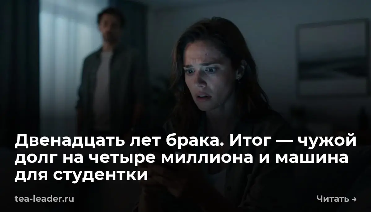 Двенадцать лет брака. Итог — чужой долг на четыре миллиона и машина для студентки
СМС от банка пискнуло дважды. Я смахнула уведомление с заблокированного экрана | Сетка — социальная сеть от hh.ru