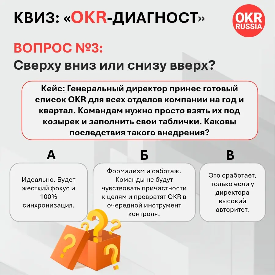 🧭 Вопрос 3. Сверху вниз или снизу вверх?
Кейс: Генеральный директор принес готовый список OKR для всех отделов компании на год и квартал | Сетка — социальная сеть от hh.ru