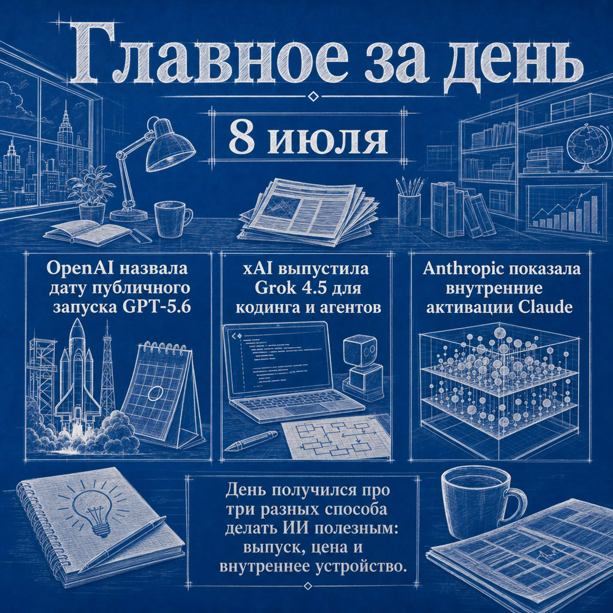 GPT-5.6 выходит для всех в четверг по времени США, а точнее 9 июля: OpenAI уже дала публичную дату запуска, так что релиз в России стоит ждать вечером или ближе к ночи.
xAI выкатил Grok 4 | Сетка — социальная сеть от hh.ru