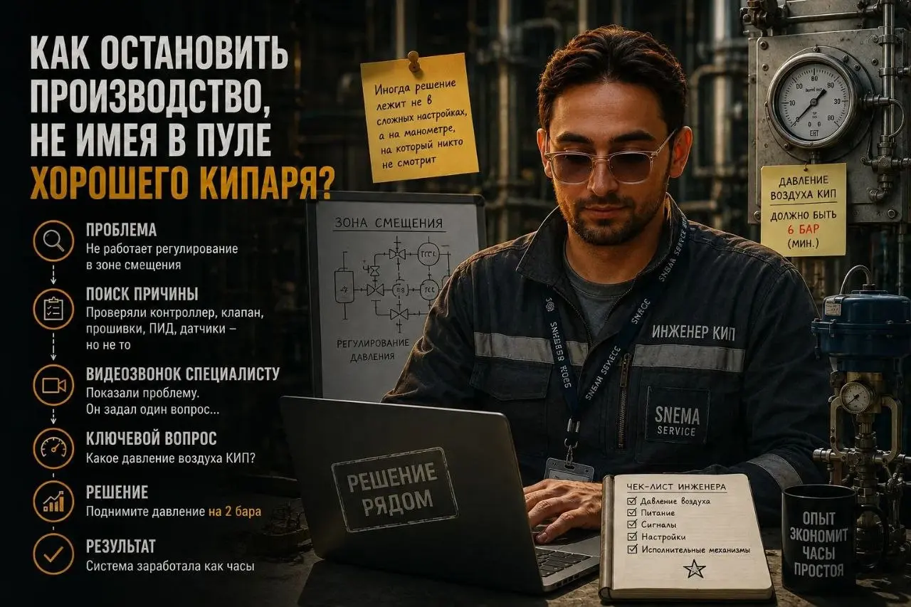 Как остановить производство, не имея в команде хорошего КИПовца?
Запрос с завода был довольно типичным: «Не работает регулирование в зоне смешения».
Специалисты на месте начали искать причину | Сетка — социальная сеть от hh.ru