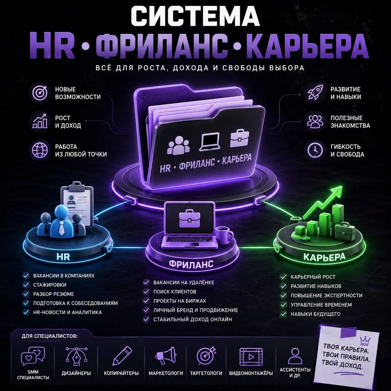 🔥 ПАПКА ДЛЯ ТЕХ, КТО ХОЧЕТ РАСТИ В ДОХОДЕ И РАБОТАТЬ НА СВОИХ УСЛОВИЯХ
Карьера и развитие -  профессиональный рост, полезные навыки, карьерные стратегии, советы для тех, кто хочет двигаться выше и сто... | Сетка — социальная сеть от hh.ru