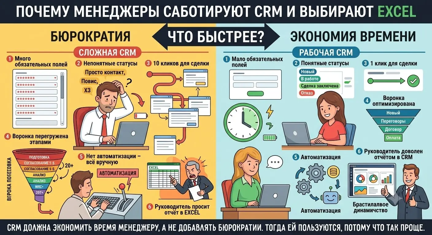Почему менеджеры саботируют CRM
CRM есть. Менеджеры её тихо ненавидят.
Знакомо: CRM купили, настроили, а менеджеры всё равно ведут клиентов в Excel и WhatsApp. Обычно дело не в лени | Сетка — социальная сеть от hh.ru