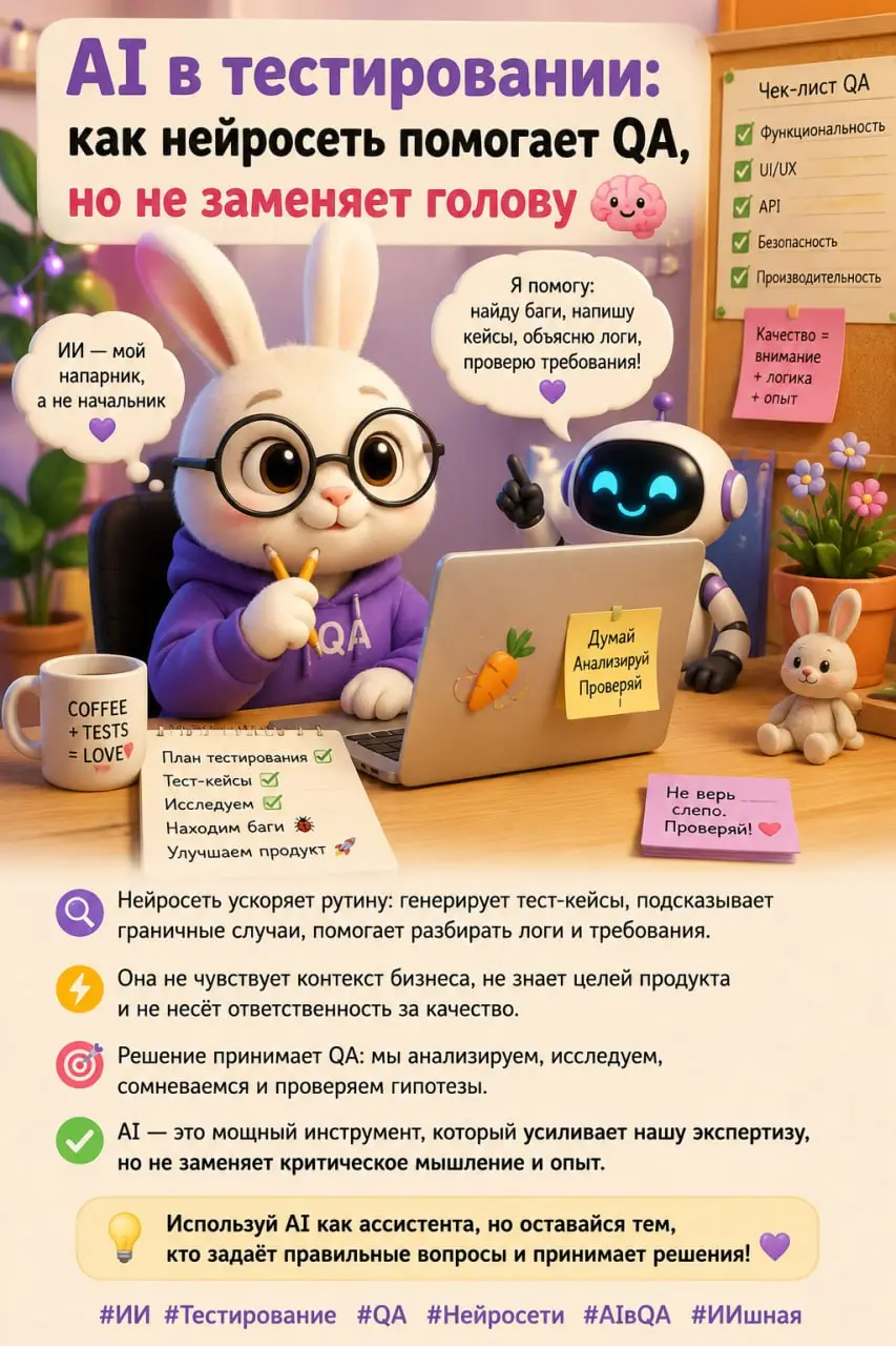 AI в тестировании — умный фонарик для QA
Представьте, что QA — это внимательный зайчик с лупой, а нейросеть сидит рядом и подсвечивает места, куда стоит заглянуть внимательнее | Сетка — социальная сеть от hh.ru