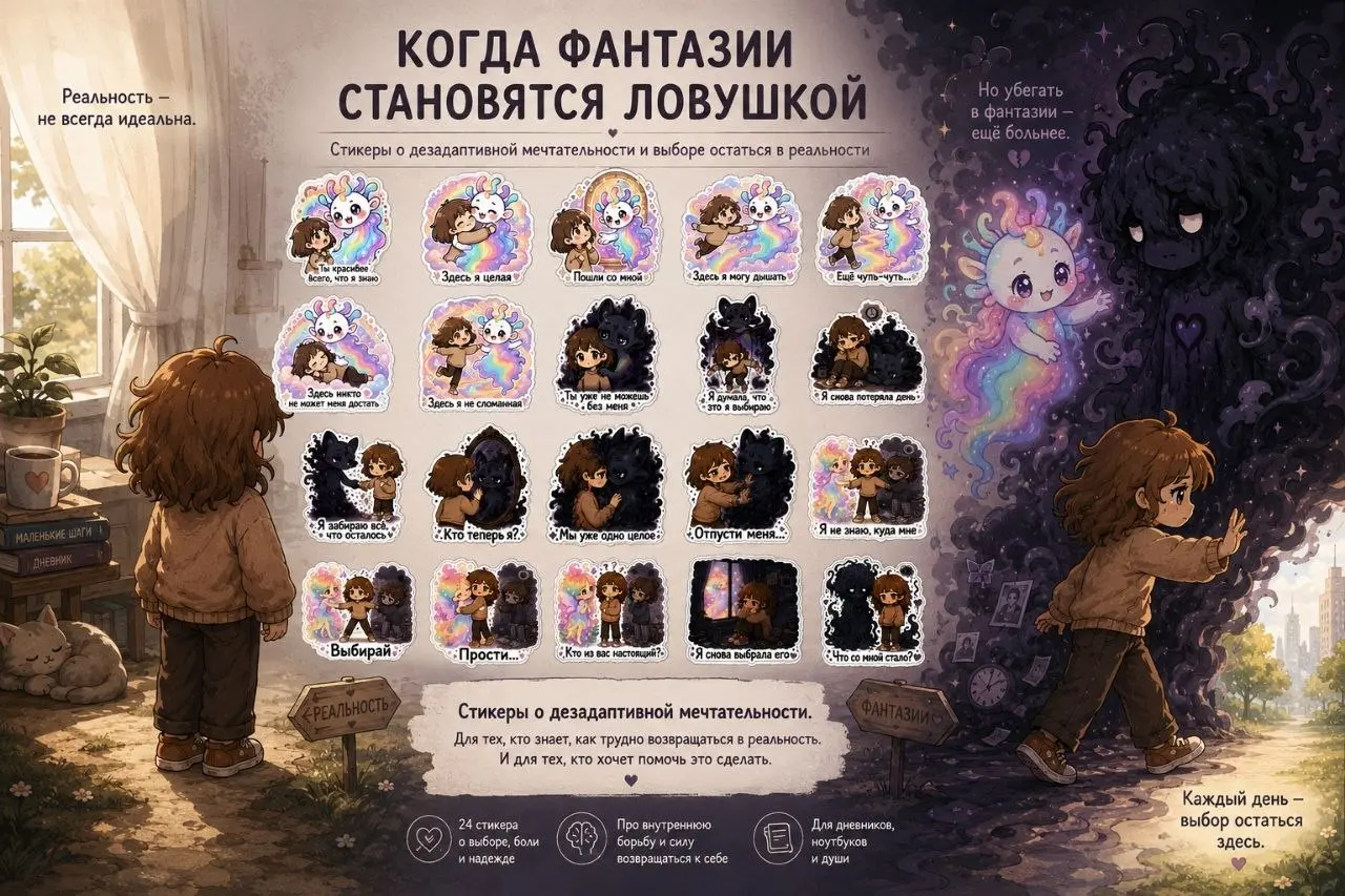 🌌 Стикеры о дезадаптивной мечтательности (maladaptive daydreaming)
История внутренней борьбы между реальностью и миром фантазий | Сетка — социальная сеть от hh.ru