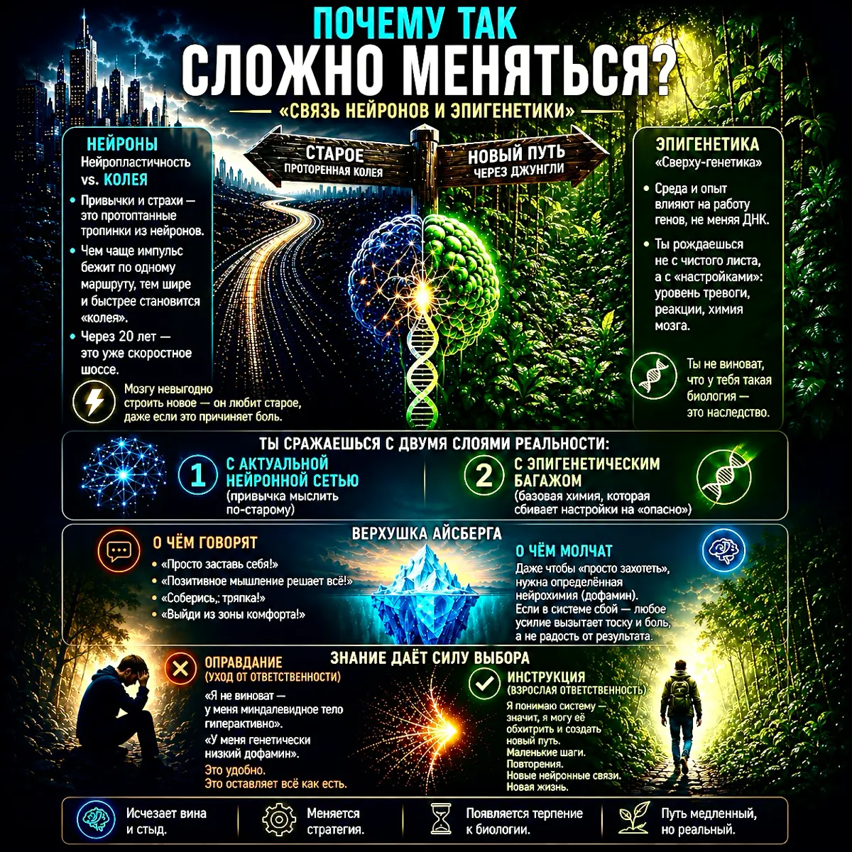 😩Почему нам так сложно меняться: связь нейронов и эпигенетики
🧠 Нейропластичность vs Колея
Привычки и страхи — это протоптанные нейронные тропы | Сетка — социальная сеть от hh.ru