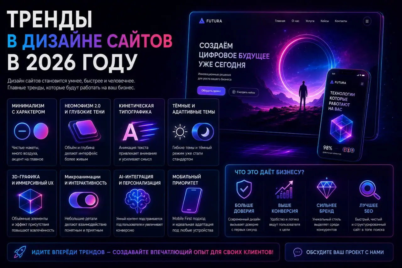 Тренды в дизайне сайтов в 2026 году
Сегодня в дизайне сайтов важна простота, скорость и удобство. Минимализм не только про эстетику, но и про восприятие информации | Сетка — социальная сеть от hh.ru