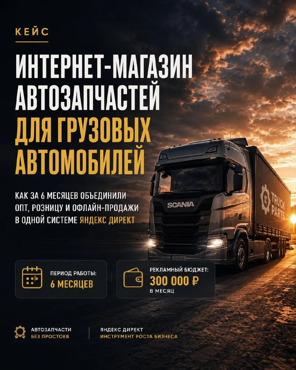 КЕЙС №8: настройка Яндекс Директа для сети магазина автозапчастей для грузовиков
Ниша: e-commerce, запчасти
Канал трафика: Яндекс Директ
ГЕО: МСК, МО + РФ | Сетка — социальная сеть от hh.ru