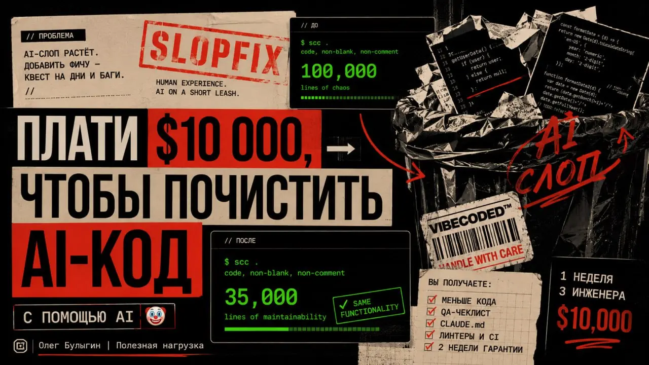 Slopfix: плати $10 000, чтобы почистить AI-код. С помощью AI 🤡
Три инженера из GitHub запустили сервис Slopfix | Сетка — социальная сеть от hh.ru