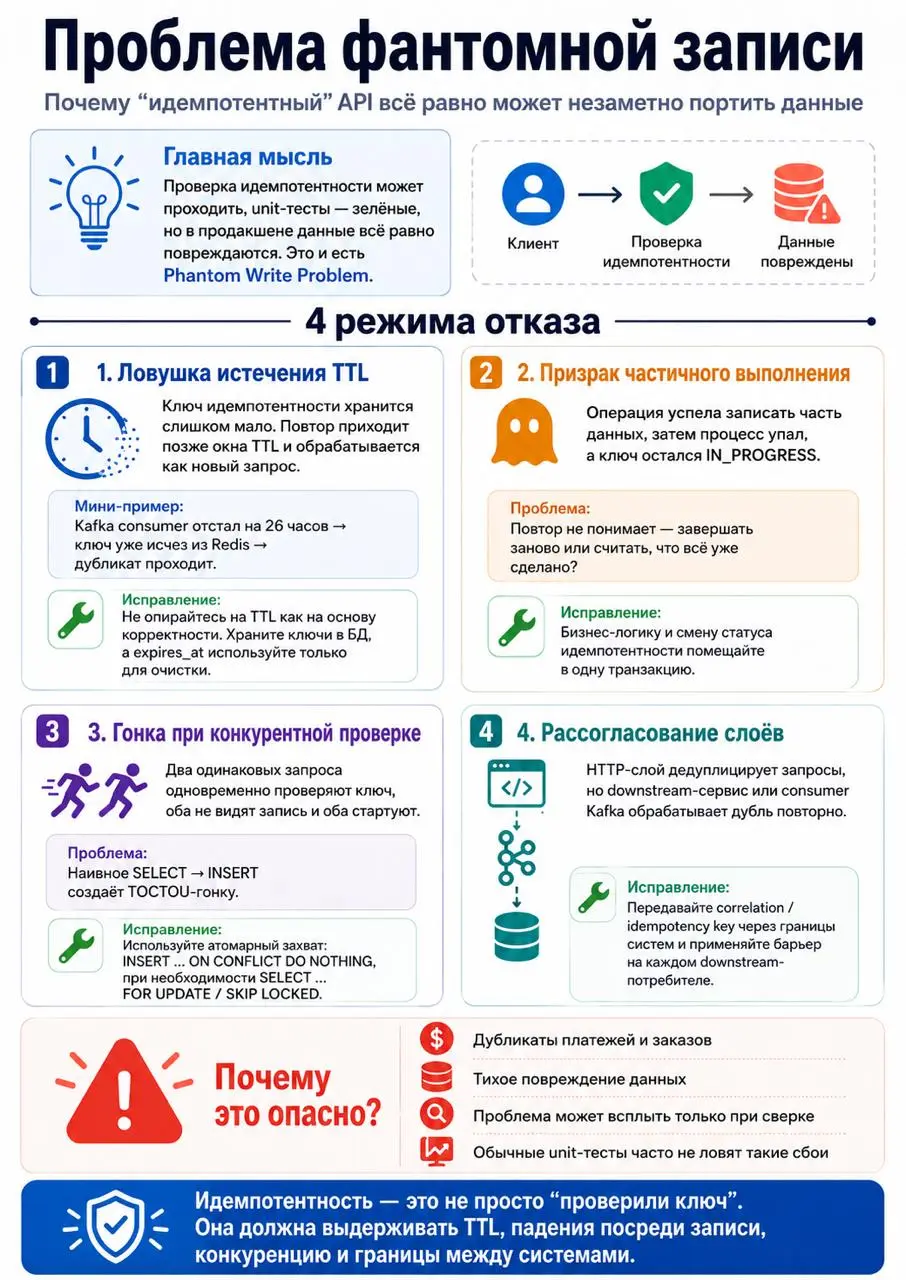 Проблема фантомной записи: почему ваша реализация идемпотентности незаметно теряет данные

Статья описывает Phantom Write Problem: проверки идемпотентности проходят, но данные всё равно повреждаются п... | Сетка — социальная сеть от hh.ru
