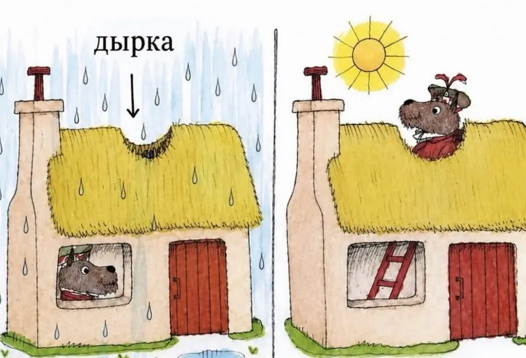 Если в крыше дыра, то ремонтировать крышу во время дождя не хочется, потому что слишком мокро и сложно
А когда солнышко светит и всё хорошо, то зачем и так хорошо же живу | Сетка — социальная сеть от hh.ru