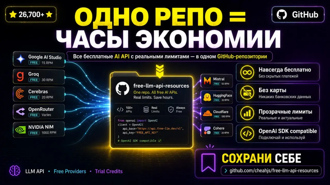 🔥 ОДНО РЕПО ЗАМЕНЯЕТ ЧАСЫ ПОИСКА 🔥
Знаешь это чувство? Хочешь подключить AI API, но.. | Сетка — социальная сеть от hh.ru