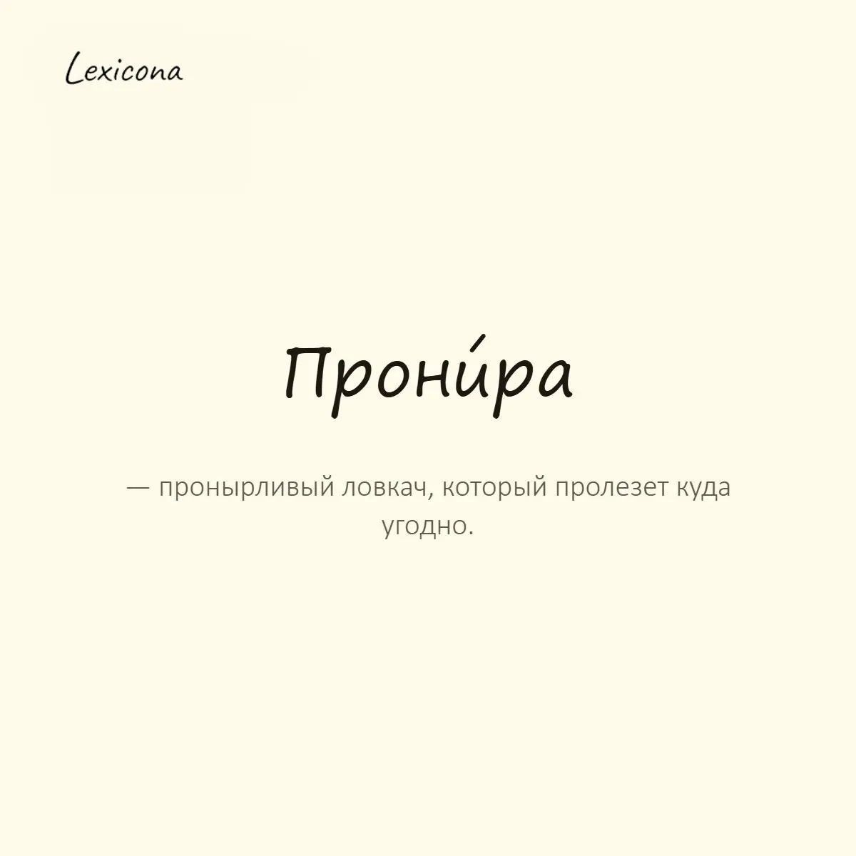 Пронира — пронырливый ловкач, который пролезет куда угодно.
Пример употребления:
Эта пронира уже со всеми в офисе успела подружиться. | Сетка — социальная сеть от hh.ru
