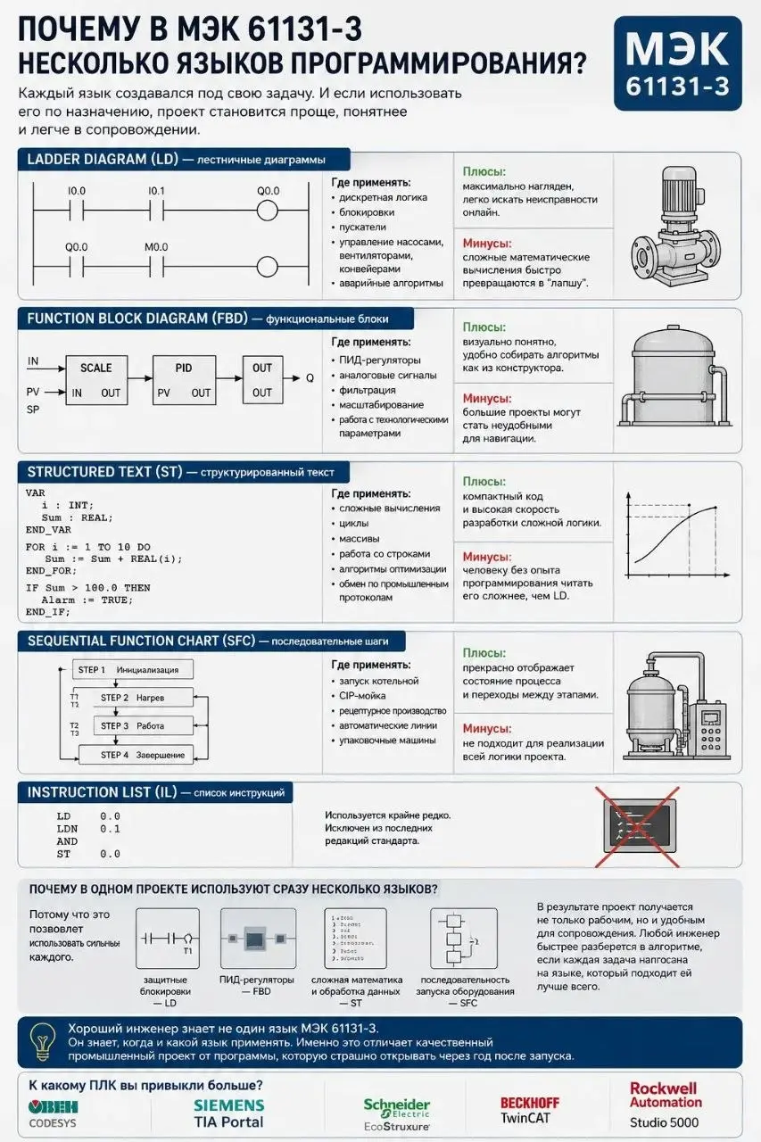 Почему в МЭК 61131-3 несколько языков программирования?
Часто начинающие инженеры спрашивают: «Почему нельзя писать весь проект на одном языке?»
Ответ простой: каждый язык МЭК 61131-3 создавался для с... | Сетка — социальная сеть от hh.ru