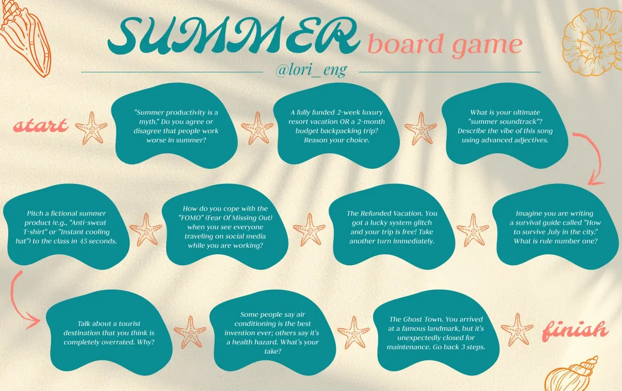 Summer board games 🏝
Лето в самом разгаре, и мало кому в +30 хочется думать о Present perfect 🫠 Поэтому даем возможность себе и ученикам немного расслабиться!
Готовые игры для уровней А2 и В2, забирай... | Сетка — социальная сеть от hh.ru
