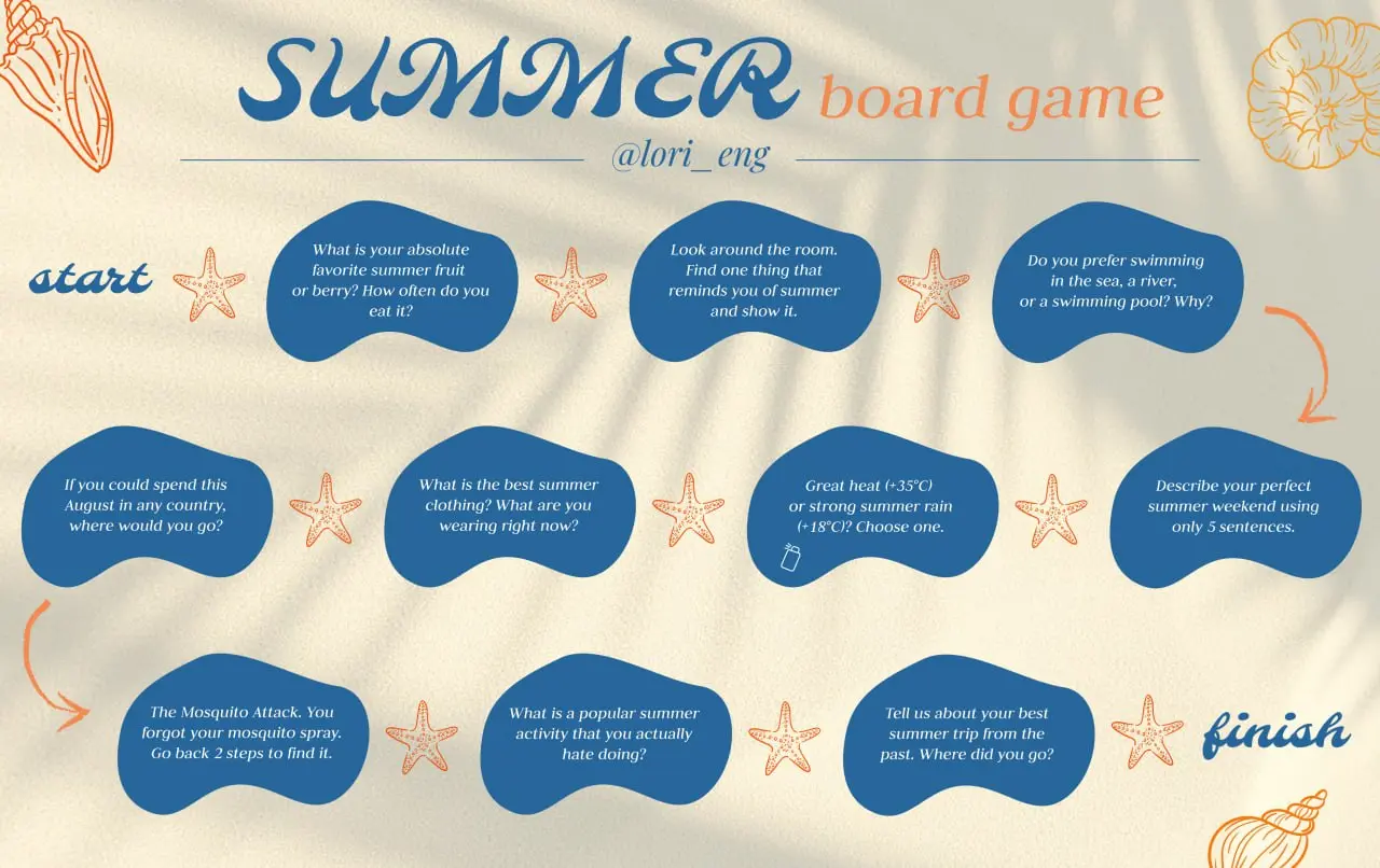 Summer board games 🏝
Лето в самом разгаре, и мало кому в +30 хочется думать о Present perfect 🫠 Поэтому даем возможность себе и ученикам немного расслабиться!
Готовые игры для уровней А2 и В2, забирай... | Сетка — социальная сеть от hh.ru