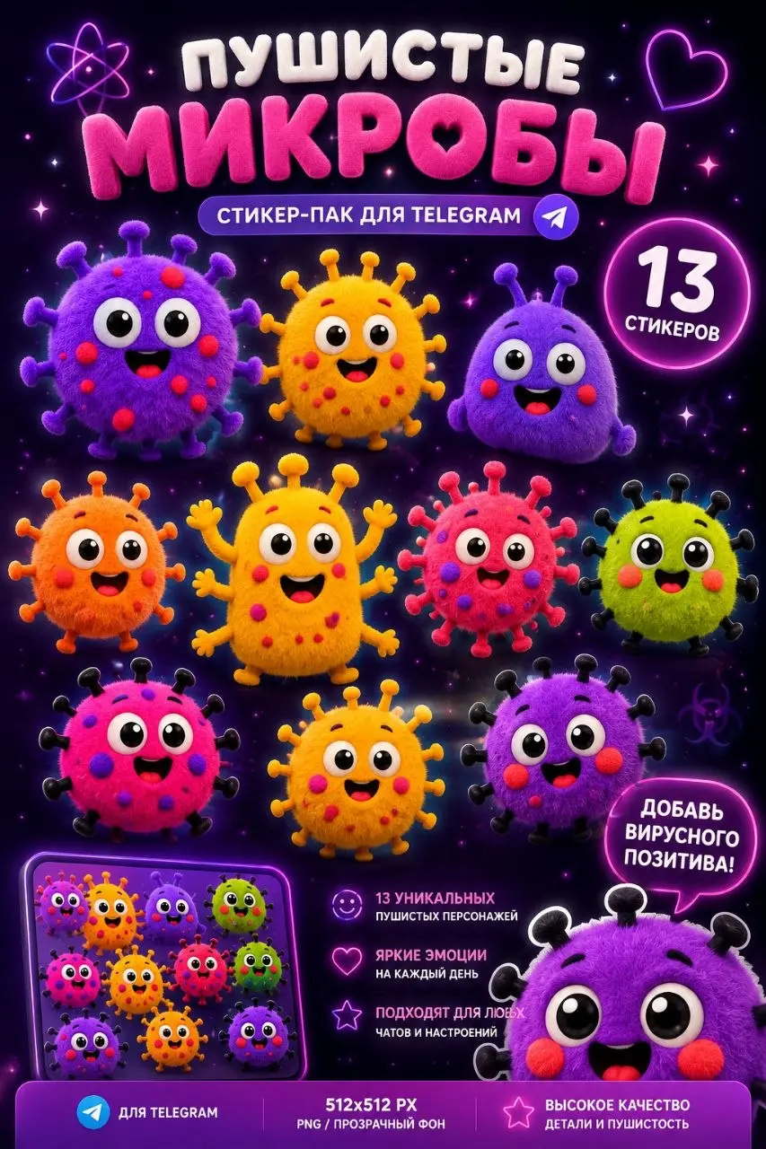 😷💉Идет заражение...
🦠 13 пушистых микробов для Telegram.
Новый AI-эксперимент.
Исходных персонажей я стилизовала в пушистые 3D-объекты, сохранив их формы и характер | Сетка — социальная сеть от hh.ru