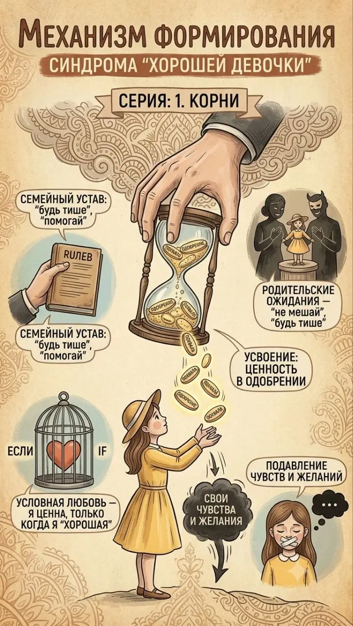Откуда берётся «хорошая девочка»? Пошаговый механизм формирования ⚙️💔
​Синдром хорошей девочки не рождается на пустом месте. Это не врождённая черта характера, а чётко выученный механизм | Сетка — социальная сеть от hh.ru